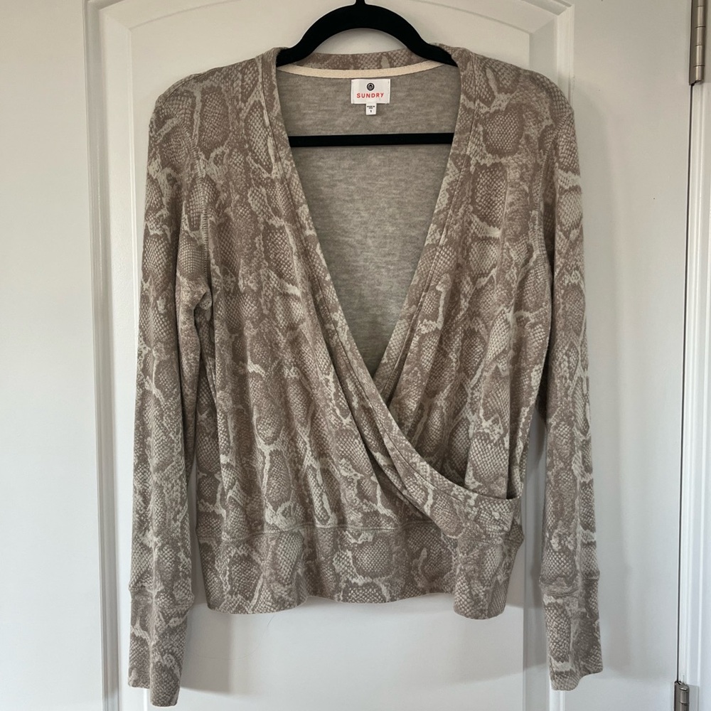 Sundry - Soft Knit Animal Print Ivory, Beige & Taupe V-Neck Faux Wrap Sweater